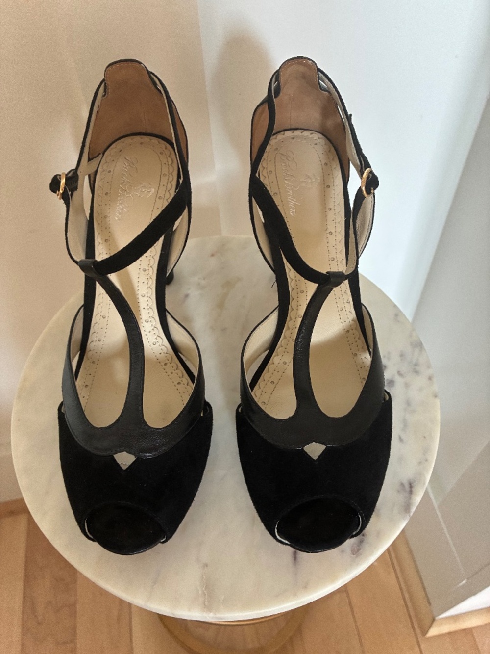 Brooks Brothers black suede peep toe t-strap heels